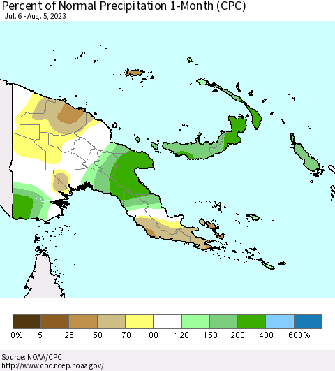Papua New Guinea Percent of Normal Precipitation 1-Month (CPC) Thematic Map For 7/6/2023 - 8/5/2023