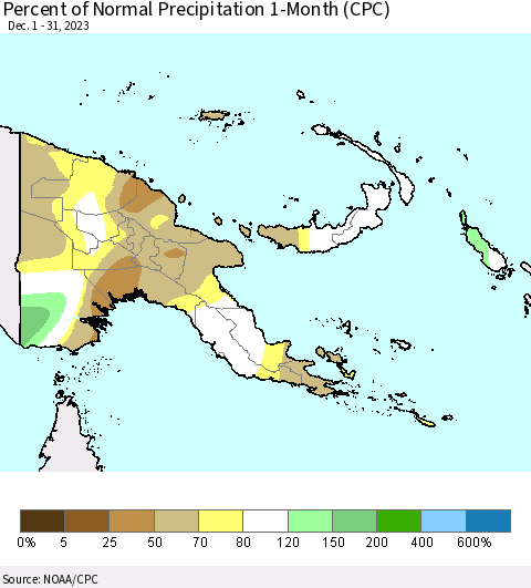 Papua New Guinea Percent of Normal Precipitation 1-Month (CPC) Thematic Map For 12/1/2023 - 12/31/2023