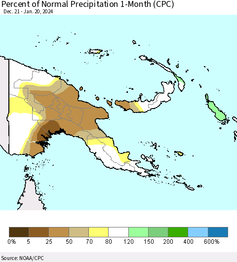 Papua New Guinea Percent of Normal Precipitation 1-Month (CPC) Thematic Map For 12/21/2023 - 1/20/2024