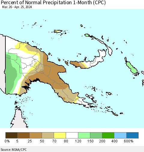 Papua New Guinea Percent of Normal Precipitation 1-Month (CPC) Thematic Map For 3/26/2024 - 4/25/2024