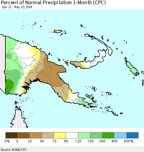 Papua New Guinea Percent of Normal Precipitation 1-Month (CPC) Thematic Map For 4/11/2024 - 5/10/2024