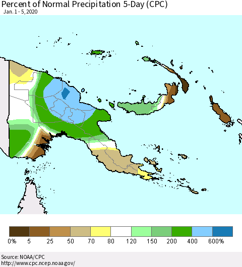Papua New Guinea Percent of Normal Precipitation 5-Day (CPC) Thematic Map For 1/1/2020 - 1/5/2020