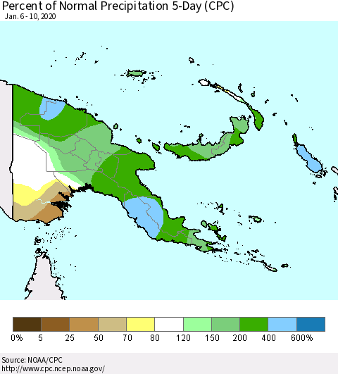 Papua New Guinea Percent of Normal Precipitation 5-Day (CPC) Thematic Map For 1/6/2020 - 1/10/2020