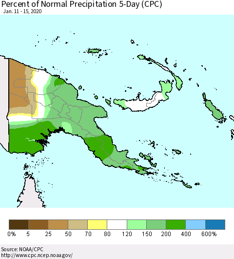 Papua New Guinea Percent of Normal Precipitation 5-Day (CPC) Thematic Map For 1/11/2020 - 1/15/2020