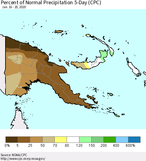 Papua New Guinea Percent of Normal Precipitation 5-Day (CPC) Thematic Map For 1/16/2020 - 1/20/2020
