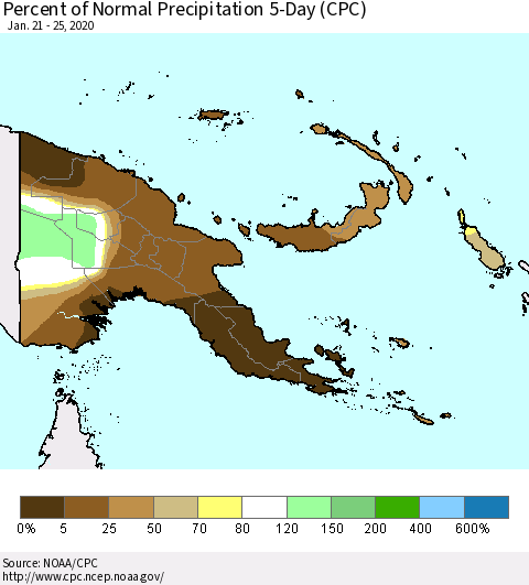 Papua New Guinea Percent of Normal Precipitation 5-Day (CPC) Thematic Map For 1/21/2020 - 1/25/2020