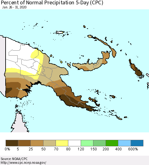 Papua New Guinea Percent of Normal Precipitation 5-Day (CPC) Thematic Map For 1/26/2020 - 1/31/2020