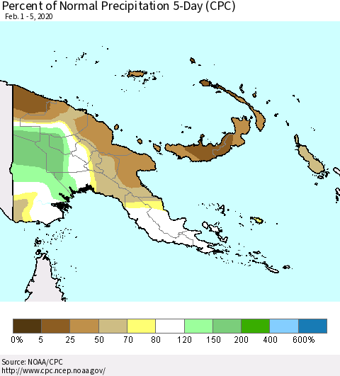 Papua New Guinea Percent of Normal Precipitation 5-Day (CPC) Thematic Map For 2/1/2020 - 2/5/2020