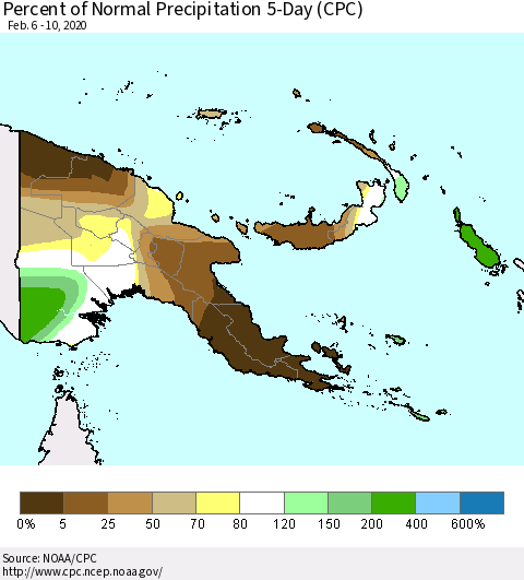 Papua New Guinea Percent of Normal Precipitation 5-Day (CPC) Thematic Map For 2/6/2020 - 2/10/2020