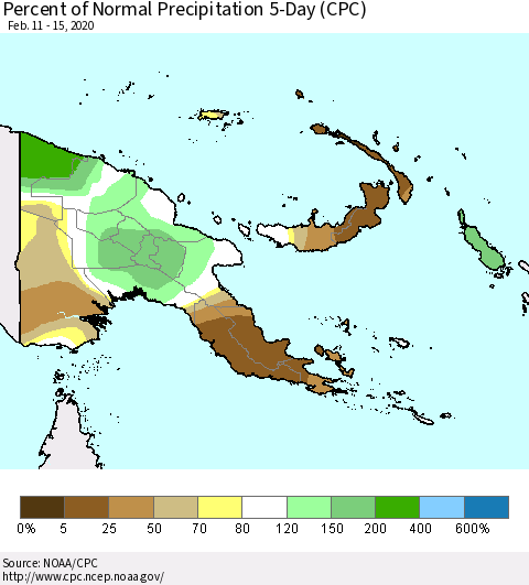 Papua New Guinea Percent of Normal Precipitation 5-Day (CPC) Thematic Map For 2/11/2020 - 2/15/2020