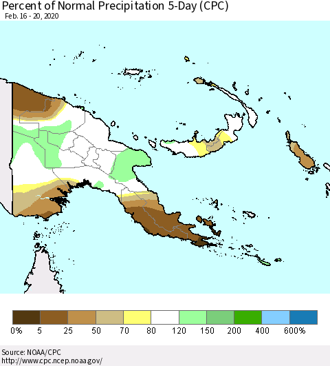 Papua New Guinea Percent of Normal Precipitation 5-Day (CPC) Thematic Map For 2/16/2020 - 2/20/2020