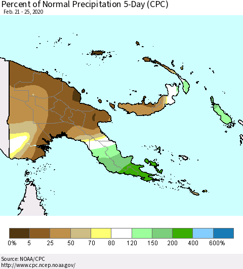 Papua New Guinea Percent of Normal Precipitation 5-Day (CPC) Thematic Map For 2/21/2020 - 2/25/2020