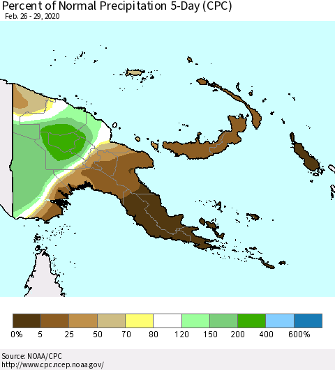 Papua New Guinea Percent of Normal Precipitation 5-Day (CPC) Thematic Map For 2/26/2020 - 2/29/2020