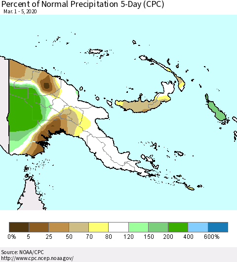 Papua New Guinea Percent of Normal Precipitation 5-Day (CPC) Thematic Map For 3/1/2020 - 3/5/2020