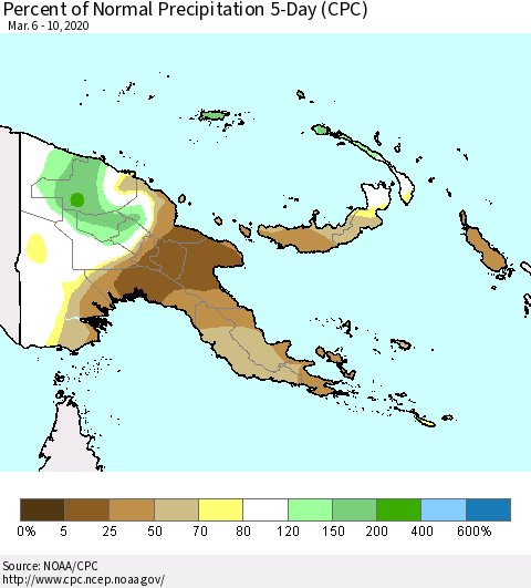 Papua New Guinea Percent of Normal Precipitation 5-Day (CPC) Thematic Map For 3/6/2020 - 3/10/2020