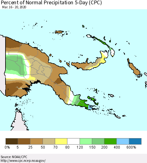 Papua New Guinea Percent of Normal Precipitation 5-Day (CPC) Thematic Map For 3/16/2020 - 3/20/2020