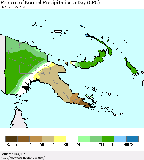 Papua New Guinea Percent of Normal Precipitation 5-Day (CPC) Thematic Map For 3/21/2020 - 3/25/2020