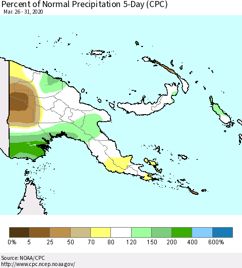 Papua New Guinea Percent of Normal Precipitation 5-Day (CPC) Thematic Map For 3/26/2020 - 3/31/2020
