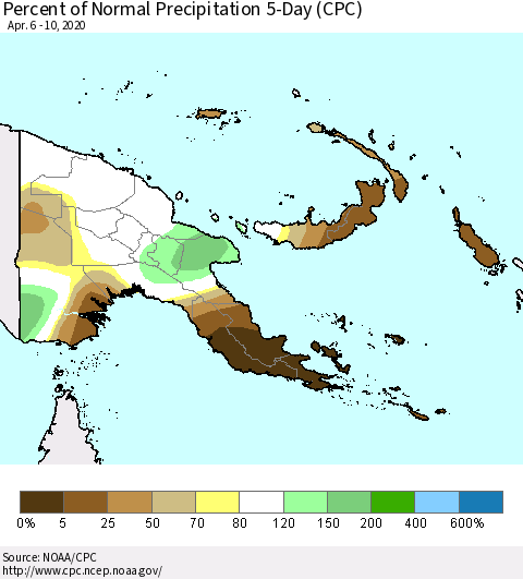 Papua New Guinea Percent of Normal Precipitation 5-Day (CPC) Thematic Map For 4/6/2020 - 4/10/2020