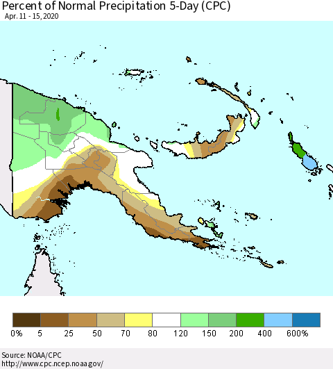 Papua New Guinea Percent of Normal Precipitation 5-Day (CPC) Thematic Map For 4/11/2020 - 4/15/2020