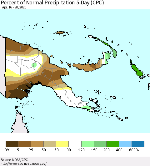 Papua New Guinea Percent of Normal Precipitation 5-Day (CPC) Thematic Map For 4/16/2020 - 4/20/2020