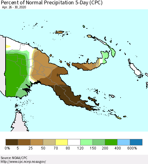 Papua New Guinea Percent of Normal Precipitation 5-Day (CPC) Thematic Map For 4/26/2020 - 4/30/2020