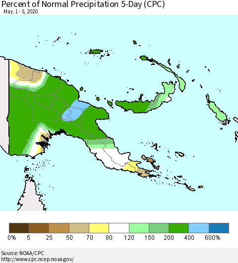 Papua New Guinea Percent of Normal Precipitation 5-Day (CPC) Thematic Map For 5/1/2020 - 5/5/2020