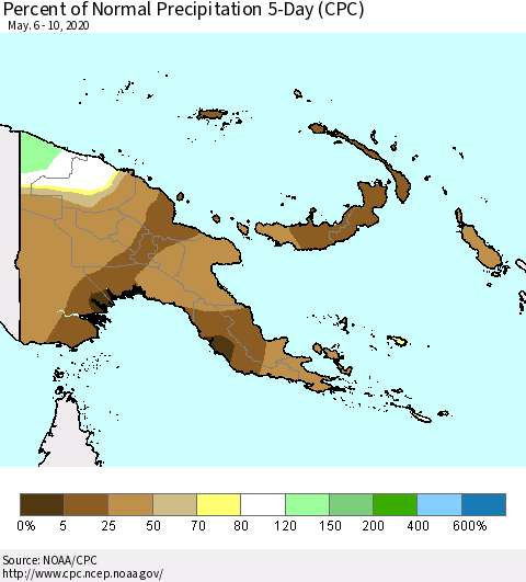 Papua New Guinea Percent of Normal Precipitation 5-Day (CPC) Thematic Map For 5/6/2020 - 5/10/2020