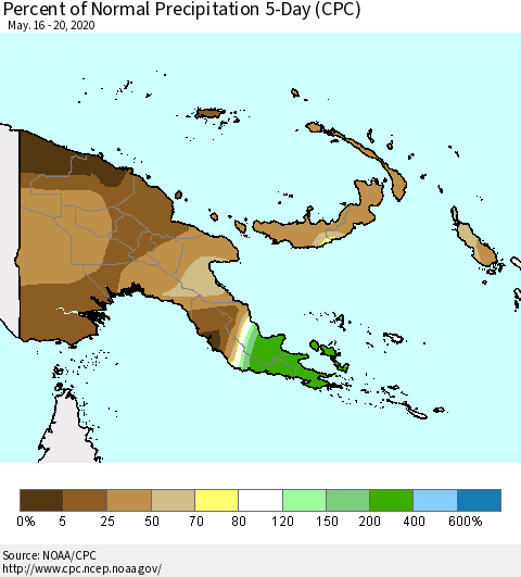 Papua New Guinea Percent of Normal Precipitation 5-Day (CPC) Thematic Map For 5/16/2020 - 5/20/2020