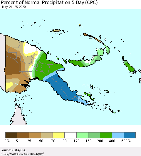 Papua New Guinea Percent of Normal Precipitation 5-Day (CPC) Thematic Map For 5/21/2020 - 5/25/2020