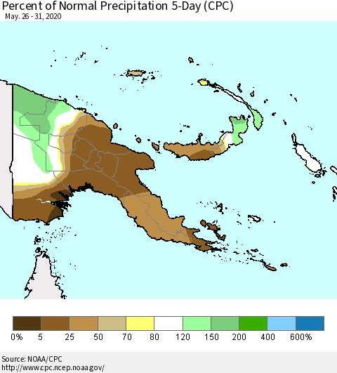 Papua New Guinea Percent of Normal Precipitation 5-Day (CPC) Thematic Map For 5/26/2020 - 5/31/2020