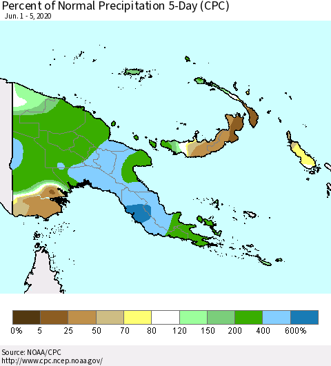 Papua New Guinea Percent of Normal Precipitation 5-Day (CPC) Thematic Map For 6/1/2020 - 6/5/2020