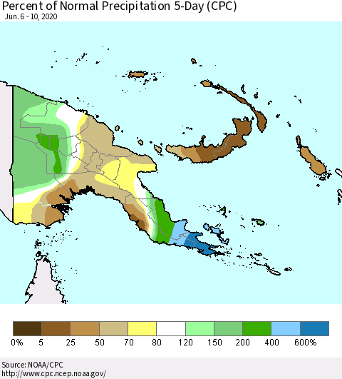 Papua New Guinea Percent of Normal Precipitation 5-Day (CPC) Thematic Map For 6/6/2020 - 6/10/2020