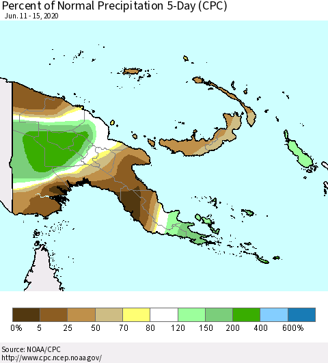Papua New Guinea Percent of Normal Precipitation 5-Day (CPC) Thematic Map For 6/11/2020 - 6/15/2020