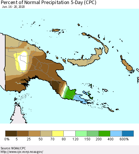 Papua New Guinea Percent of Normal Precipitation 5-Day (CPC) Thematic Map For 6/16/2020 - 6/20/2020