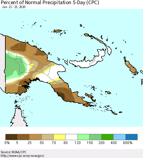 Papua New Guinea Percent of Normal Precipitation 5-Day (CPC) Thematic Map For 6/21/2020 - 6/25/2020