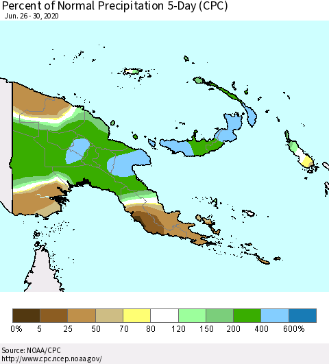Papua New Guinea Percent of Normal Precipitation 5-Day (CPC) Thematic Map For 6/26/2020 - 6/30/2020