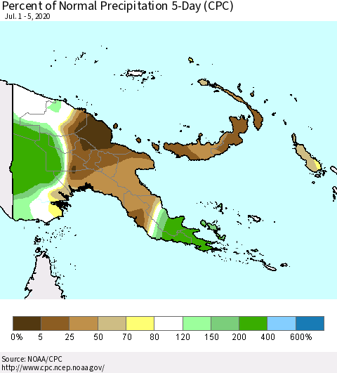Papua New Guinea Percent of Normal Precipitation 5-Day (CPC) Thematic Map For 7/1/2020 - 7/5/2020