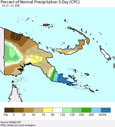 Papua New Guinea Percent of Normal Precipitation 5-Day (CPC) Thematic Map For 7/11/2020 - 7/15/2020