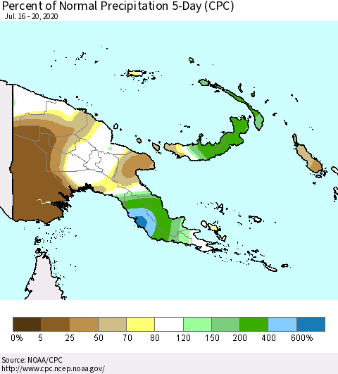 Papua New Guinea Percent of Normal Precipitation 5-Day (CPC) Thematic Map For 7/16/2020 - 7/20/2020