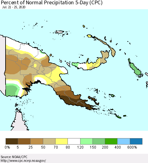 Papua New Guinea Percent of Normal Precipitation 5-Day (CPC) Thematic Map For 7/21/2020 - 7/25/2020
