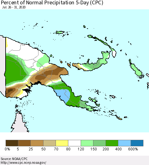 Papua New Guinea Percent of Normal Precipitation 5-Day (CPC) Thematic Map For 7/26/2020 - 7/31/2020