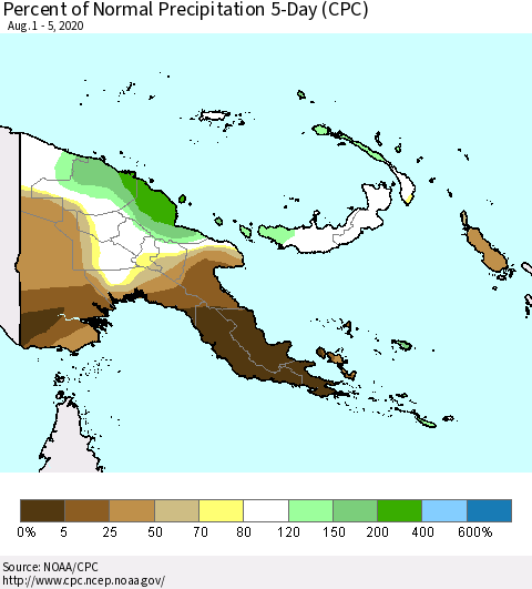 Papua New Guinea Percent of Normal Precipitation 5-Day (CPC) Thematic Map For 8/1/2020 - 8/5/2020