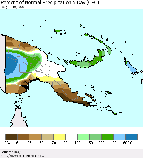Papua New Guinea Percent of Normal Precipitation 5-Day (CPC) Thematic Map For 8/6/2020 - 8/10/2020