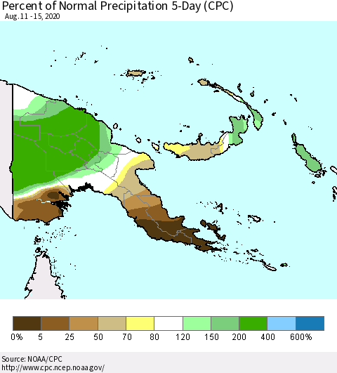 Papua New Guinea Percent of Normal Precipitation 5-Day (CPC) Thematic Map For 8/11/2020 - 8/15/2020