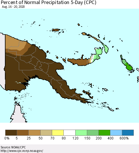 Papua New Guinea Percent of Normal Precipitation 5-Day (CPC) Thematic Map For 8/16/2020 - 8/20/2020