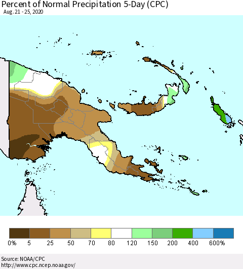 Papua New Guinea Percent of Normal Precipitation 5-Day (CPC) Thematic Map For 8/21/2020 - 8/25/2020