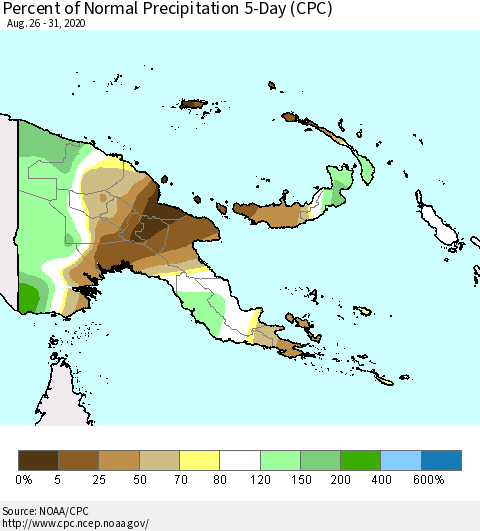 Papua New Guinea Percent of Normal Precipitation 5-Day (CPC) Thematic Map For 8/26/2020 - 8/31/2020