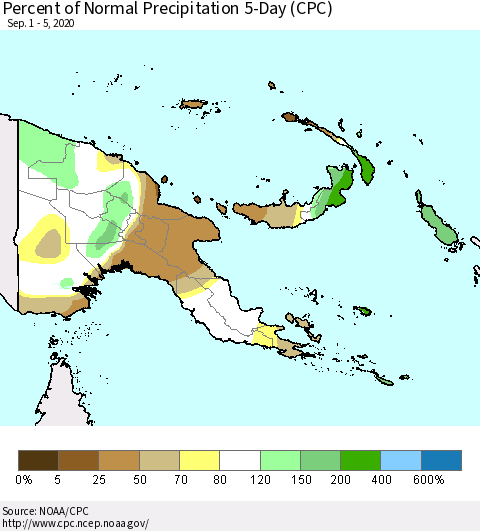 Papua New Guinea Percent of Normal Precipitation 5-Day (CPC) Thematic Map For 9/1/2020 - 9/5/2020