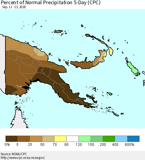 Papua New Guinea Percent of Normal Precipitation 5-Day (CPC) Thematic Map For 9/11/2020 - 9/15/2020